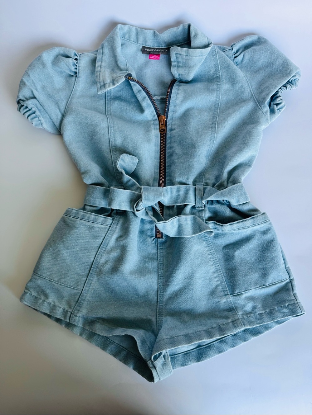 Vince Camuto Light Blue Girls Short Romper with Tie Belt